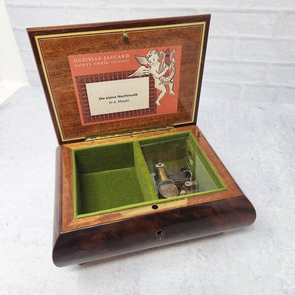 Vtg Inlaid Burl Wood Jewelry Music Box Swiss Gueissaz-Jaccard Mozart Die Kleine - Picture 4 of 6